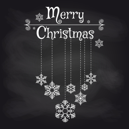 Christmas card design with snowflakes and lettering Merry Christmas on chalkboard background. Vector illustrationのイラスト素材