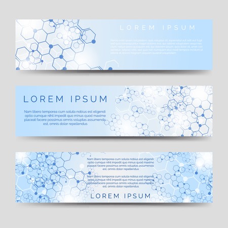 Chemical horizontal banners template with molecular ctructure. Vector illustrationのイラスト素材