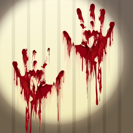 Bloody hand prints on a wall lit by flashlight. Vector illustrationのイラスト素材
