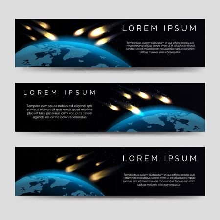 Meteor shower over globe map horizontal banners setのイラスト素材