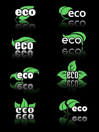 Ecology icon set with green leaves on black background. Vector illustrationのイラスト素材
