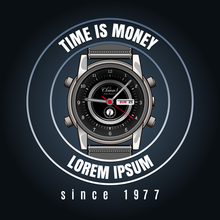 Classic wrist watches shop emblem with time is money text. Vector ilustrationのイラスト素材