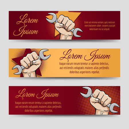 Labor day banners vector set. Horizontal banners with working hand and wrenchのイラスト素材