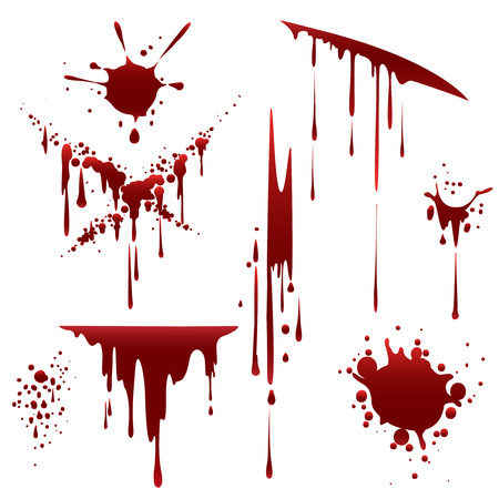 Bloody horror scruffy splatter. Blood drops, splashes and clots isolated on white background. Vector illustrationのイラスト素材