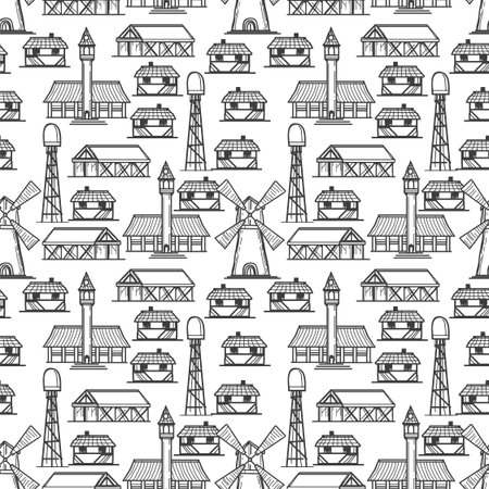 Country seamless pattern with mill barn and houses vectorのイラスト素材