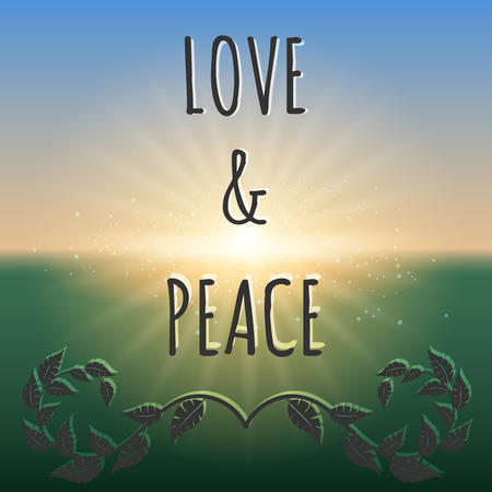 Love and peace lettering and floral branches. Boho style vector backgroundのイラスト素材