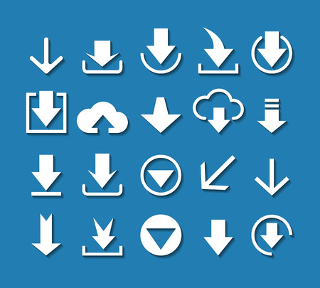 White download arrow icon set on blue background. Vector design elementsのイラスト素材