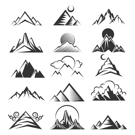 Vector mountain icons. Outdoor travel mountains black silhouettes on white backgroundのイラスト素材