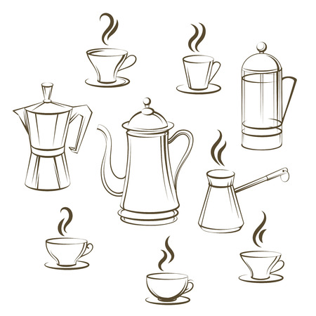Coffee sketch vector collection. Hand drawn coffee pot and cup vector illustrationのイラスト素材