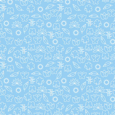 Line icons seamless pattern vector. Blue line sheep lily clouds leaves etcのイラスト素材