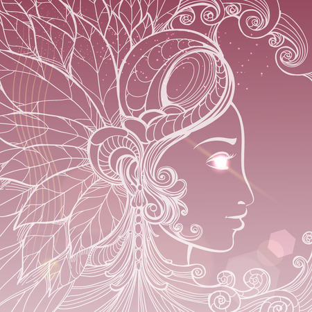 Hand drawn woman face with shning elements. Vector illustrationのイラスト素材