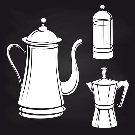 Coffee pot stickers on blackboard background. Vector illustrationのイラスト素材