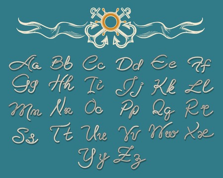 Vector thread rope letters font and nautical vintage silhouette elements for navy sea designのイラスト素材