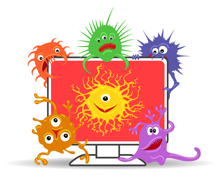 Computer virus internet security attack vector illustration. Display icon with viruses danger isolated on white backgroundのイラスト素材