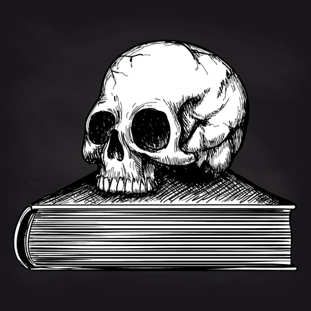 Black and white sketch of human skull on book on blackboard background. Vector illustrationのイラスト素材