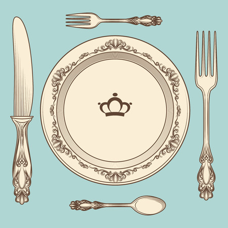 Hand drawn vintage cutlery and plate on blue background. Vector illustrationのイラスト素材