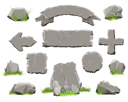 Rock circle button, stone banner vector illustration. Ribbon of stones and arrow of Rocks for natural game design isolated on white backgroundのイラスト素材