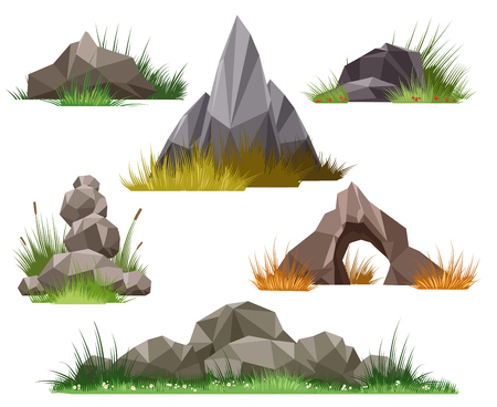 Rock and stone set isolated on white background. Vector stones and pebbles in green grass vector illustrationのイラスト素材