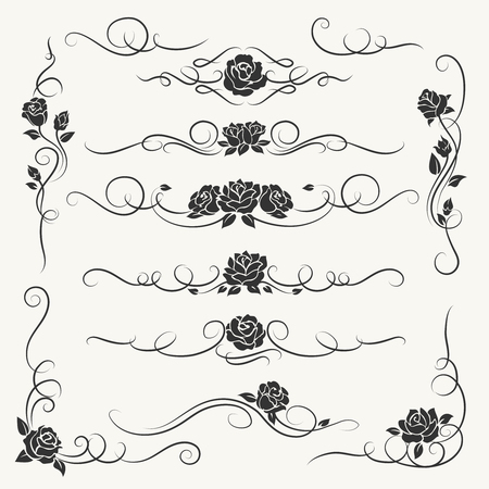 Flourish roses ornament vector illustration. Ornamental rose flowers and vines decorative ornaments for floral wedding decor isolated on whiteのイラスト素材