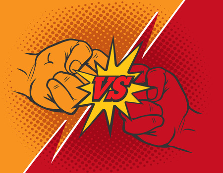 Versus rivalry fist vector background. Boxer punching or clashing fists for disagreement battleのイラスト素材