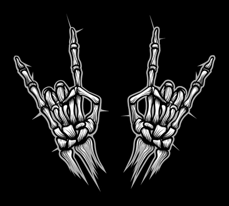 Engraving rock horn sign vector illustration. Devil skeleton heavy metal bones hands horns icon designのイラスト素材