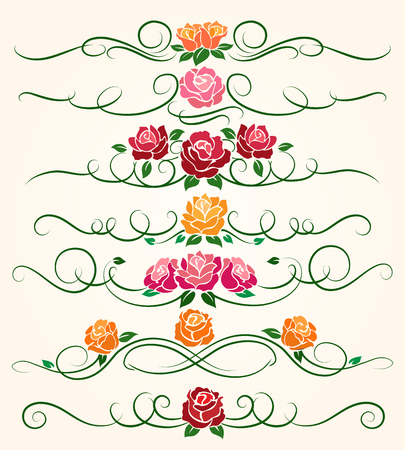 Decorative flourish borders and rose flower dividers calligraphic ornaments for spring invitations vector illustrationのイラスト素材