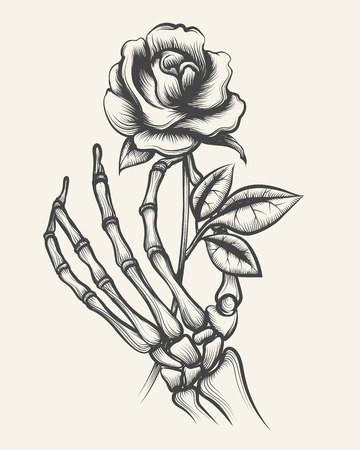 Handdrawn skeleton bones hand with rose flower engraved vector illustrationのイラスト素材