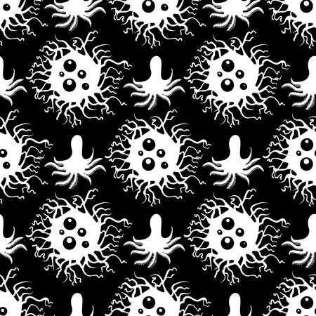 Seamless pattern with white microbes and immune bacteries on black backdrop. Vector illustrationのイラスト素材