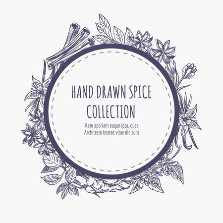 Hand drawn spice collection round banner or frame design. Kitchen dcorative element vector illustrationのイラスト素材