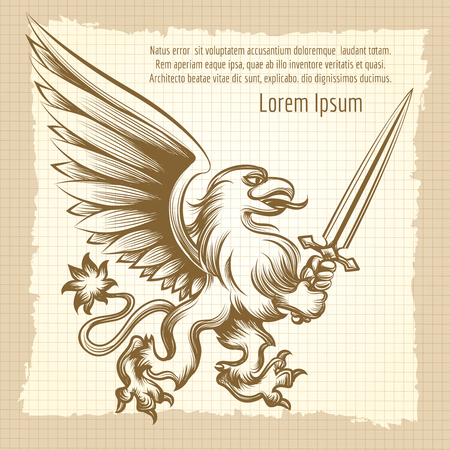 Vintag background with hand drawn heraldy gryphon with sword.Vector illustrationのイラスト素材