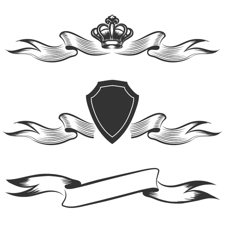 Hand drawn banners set. Ribbon with crown and shield isolated on white background. Vector illustrationのイラスト素材