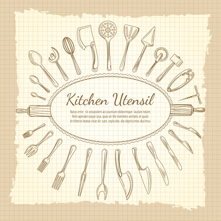 Kitchen vintage background with hand drawn utensil or crockery and decorative frame. Vector illustrationのイラスト素材
