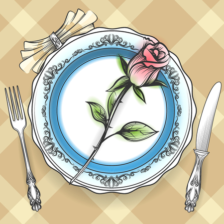 Romantic table setting with plate cutlery napkin and rose on Scottish cell cloth. Vector illustrationのイラスト素材