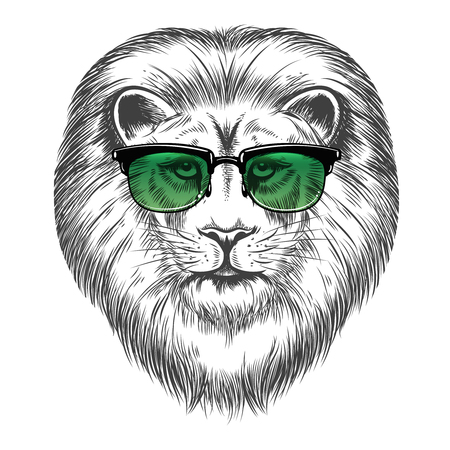 Hand drawn lion in sunglasses isolated on white background. Hipster lion print design vector illustrationのイラスト素材