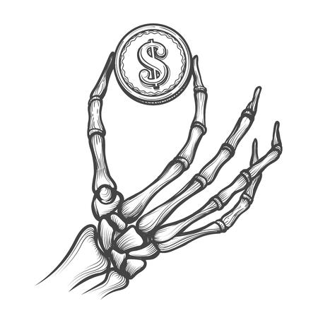 Skeleton hand with coin hand drawn vector illustration. Bones holding dollarのイラスト素材