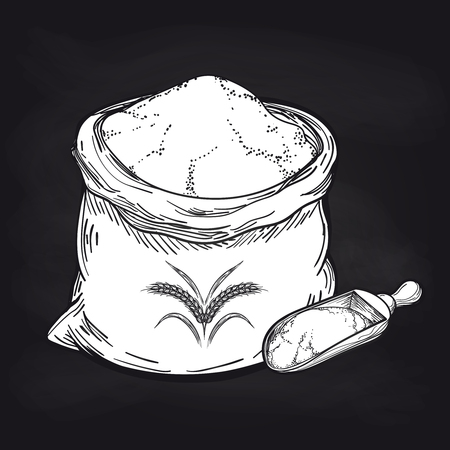 Hand drawn whole bag of wheat flour and wood spoon for flour on blackboard background. Vector illustrationのイラスト素材