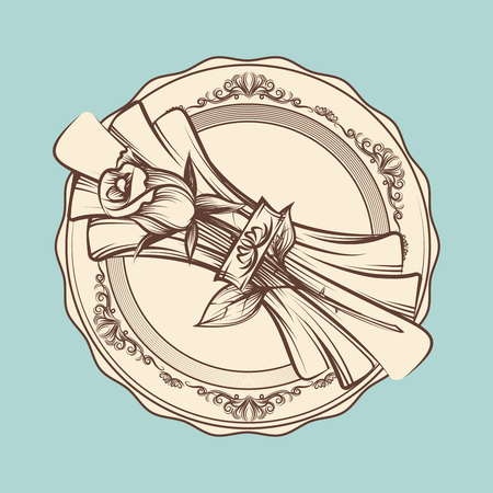 Vintage romantic table setting. Vector hand drawn rose and napkin on elegance plateのイラスト素材