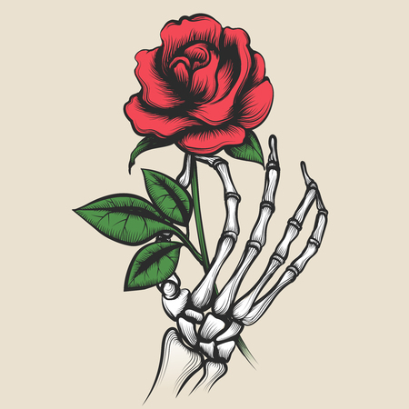Skeleton hand with rose in tattoo style. Red rosebud in bony fingers vector illustrationのイラスト素材