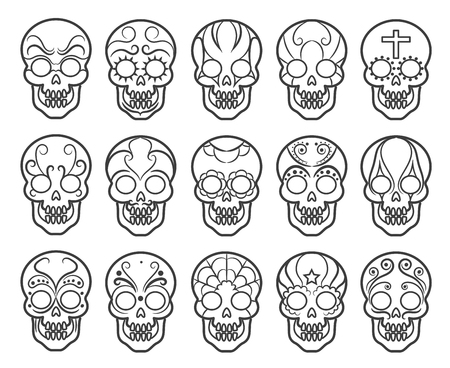 Mexican sugar skull icon set. Spooky day of the dead skulls vector icons for mexico carnivalのイラスト素材