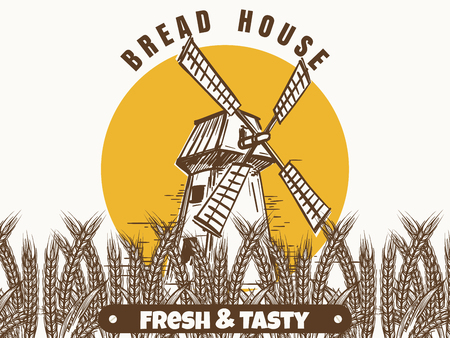 Farm background with hand drawn mill and wheat ears banner. Vector illustrationのイラスト素材