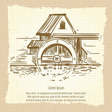 Hand sketched vintage mill poster design. Vector illustrationのイラスト素材