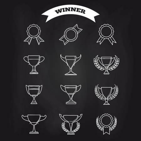 Prizes and trophy signs. Vector awards icons on blackboardのイラスト素材