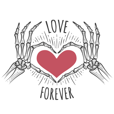 Love you forever vector illustration with skeleton pink heart hands in doodle sketch styleのイラスト素材