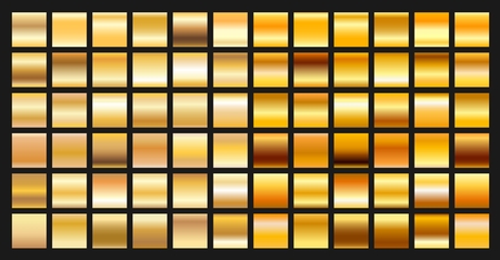 Digital design golden gradient icons. Vector gold shiny plate object textures set isolated on black backgroundのイラスト素材