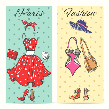 Paris fashion clothes cards for ladies boutique illustration. Summer dress and shoes, women hat and handbagのイラスト素材