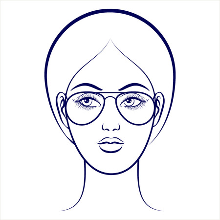 Balpoint drawing female face with glasses on grey backdrop. Vector illustrationのイラスト素材