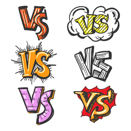 Hand drawn versus or VS confrontation vector illustration. Colorful cartoon VS labels on white backgroundのイラスト素材