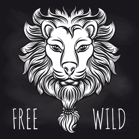 Hand drawn hipster lion on blackboard. Vector lion sketch and free wild lettering signsのイラスト素材