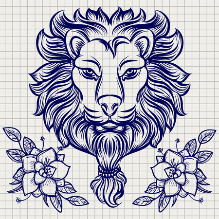 Hand drawn lion sketch with flowers on notebook page. Vector illustrationのイラスト素材