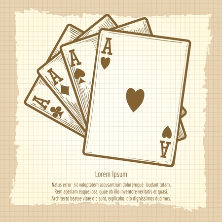 Hand drawn black jack cards compostion. Vector four aces vintage posterのイラスト素材